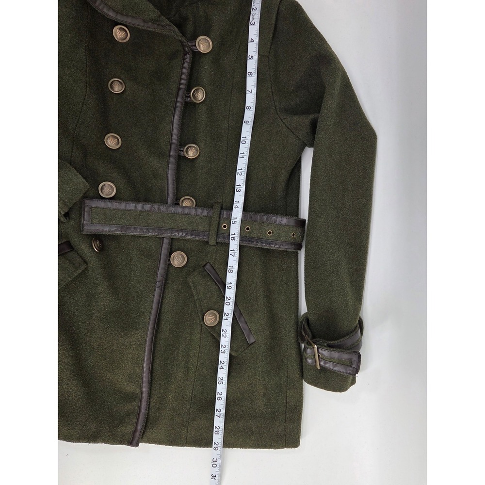J.J. Basics Women's Large Green Double Breasted Wool Blend Coat Faux Leather - Picture 5 of 12